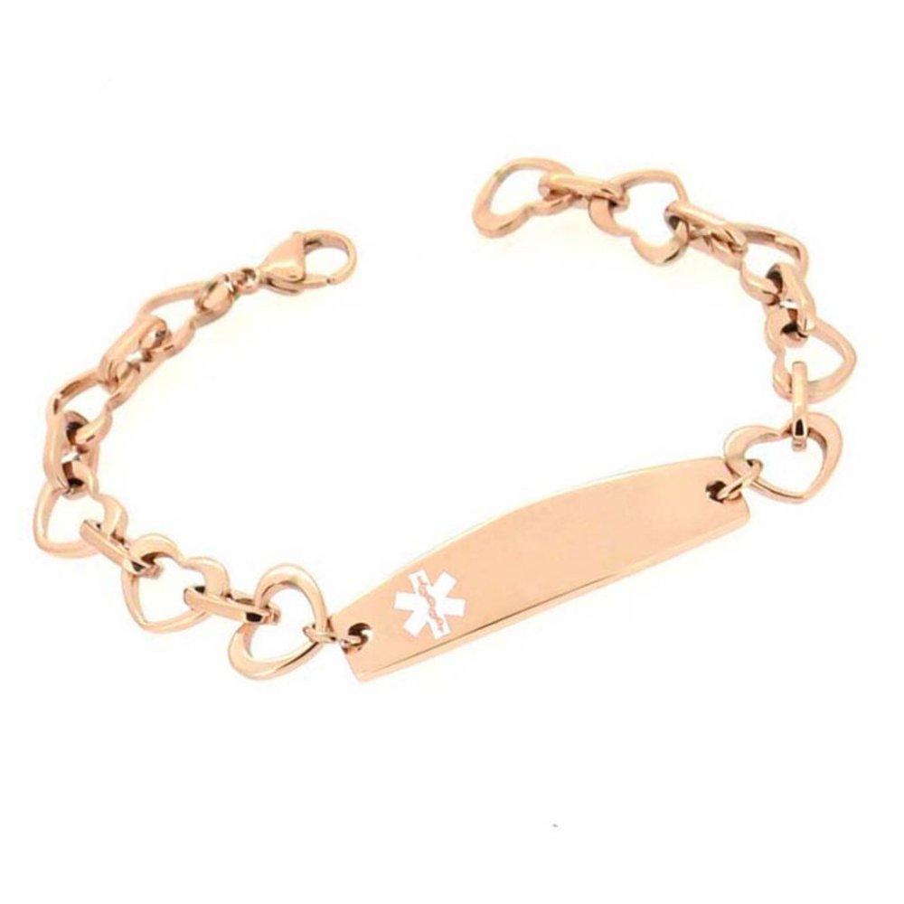 New! DIABETES Medical Alert ID Rose Gold Stainless Steel Open Heart Bracelet